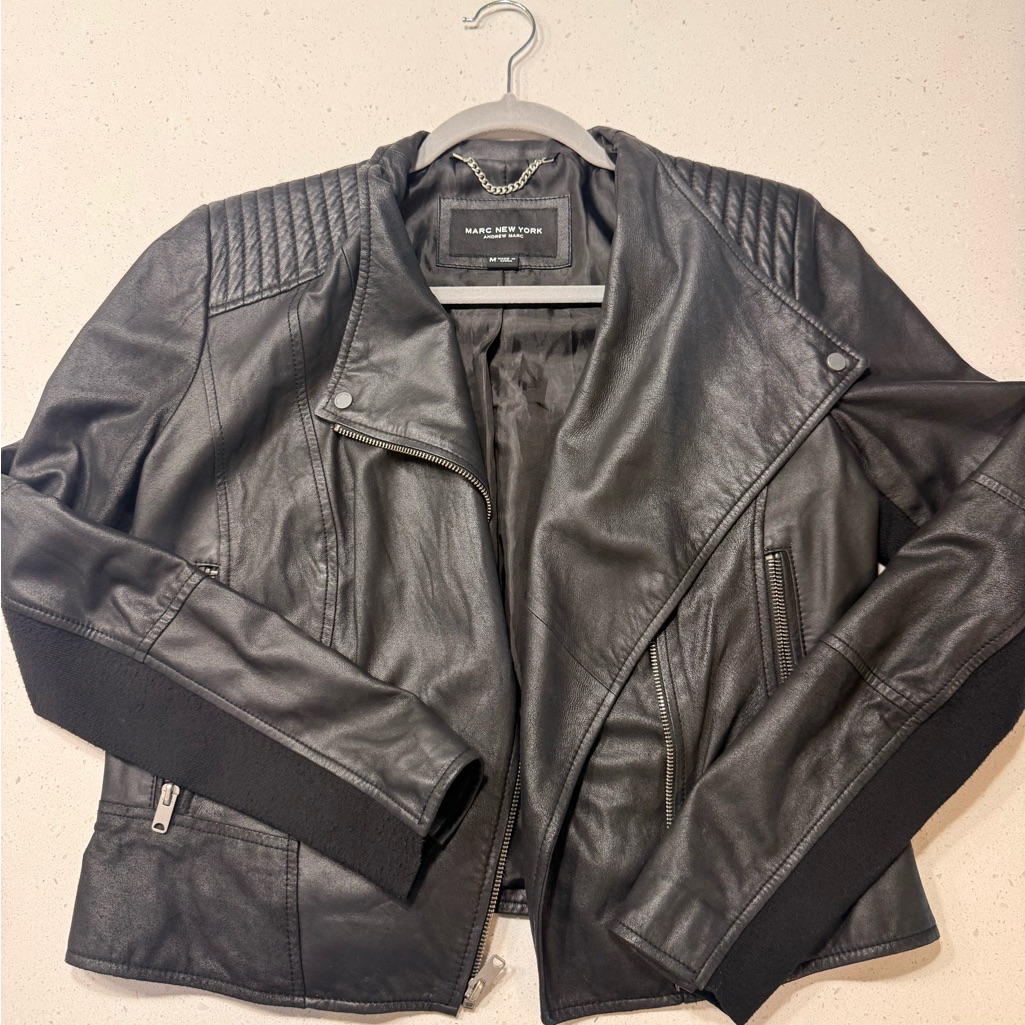 Marc New York Black Leather Moto Jacket With Zip Accents Size M